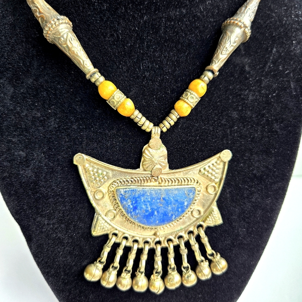 Vintage Handcrafted Lapis Lazuli Tribal Ghungroo Necklace & Earrings - Picture 5 of 15